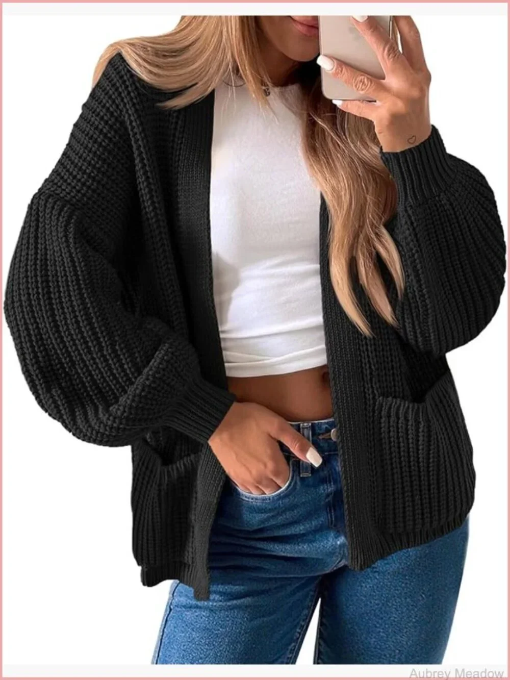 Oversized Chunky Ribbed Knit Open Front Cardigan Long Lantern Sleeve
